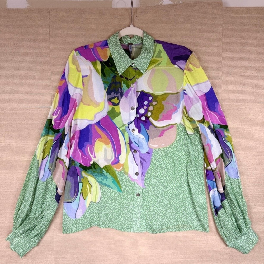 -bl^nk- London Niyana Shirt Green Floral Viscose Button Down Top Size M NEW